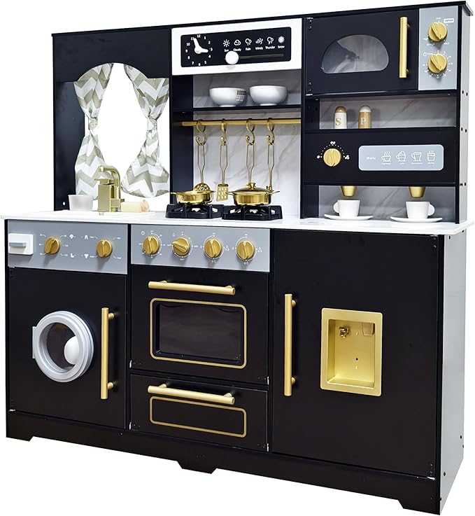 Wooden Play Kitchen with Light & Sound, Toy Sink and Water Dispenser with Runing Water, Large Toddler Kitchen Playset with Washing Machine,Premium Gifts for 3+Years Boys Grils Kids