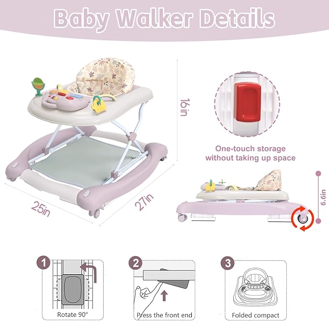 5 in 1 Foldable Baby Walker,Activity Baby Walker-Baby Bouncer,Rocker,Activity Center,Seat and Push Walker,Detachable Footrest Mat,Adjustable Speed Rear Wheels and Height,Ages 6-18 Months (Purple)