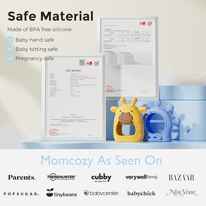 Momcozy Baby Teether Toys | Food Grade Silicone Teething Relief 0-6 Months | Toy 6-12 Months | Baby Essential | Yellow and Blue