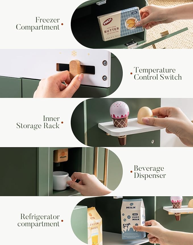 ROBUD Kids Play Kitchen - Vintage Green Refrigerator for Kids Kitchen Playset with Accessories - Pretend Toddlers' Kitchen Toy Fridge - Perfect Baby Gift for Ages 3+, Vintage Green