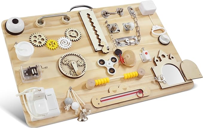 Wooden Montessori Busy Board for Toddlers, Montessori Sensory Activity Board Toys for Baby Kids, for Fine Motor Skills, Autism & ADHD