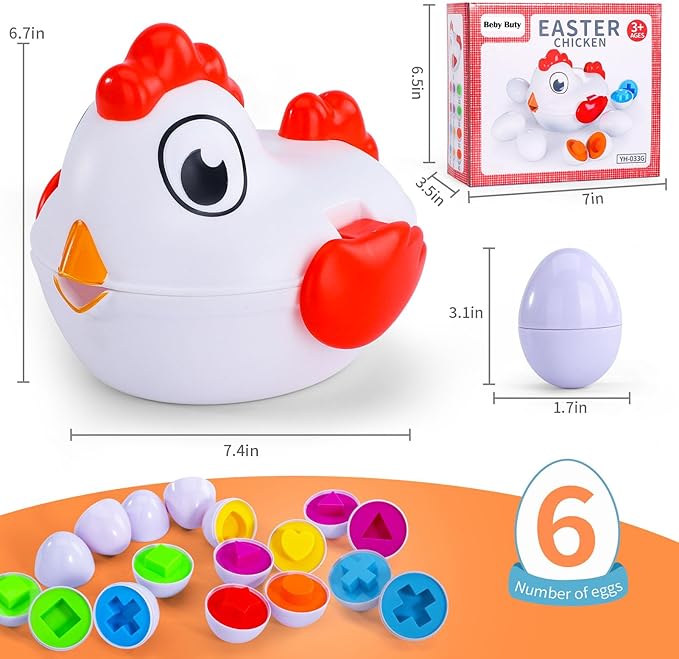 6 Pack Chicken Eggs Matching Game Toys for Toddlers, Colors & Shape Matching and Sorter, Preschool Sensory Fine Motor Skills Development Toy, Educational Gifts for Boys and Girls Aged 3-6