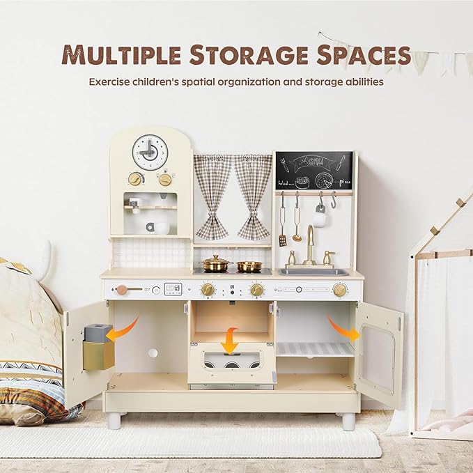 Kids Kitchen playset, Wooden Play Kitchen, Height Adjustable, Comes with Various Kitchen Accessories, Ideal Role Play Toy Gift for Toddlers and Kids Ages 3-8 (White)