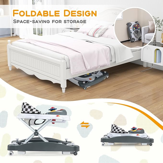 BABY JOY 6-in-1 Baby Walker, Foldable Baby Walker with Wheels, Adjustable Height, Music, Lights, Bouncer & Rocker Mode, Baby Walkers for Boys Girls 6-14 Months (Gray)