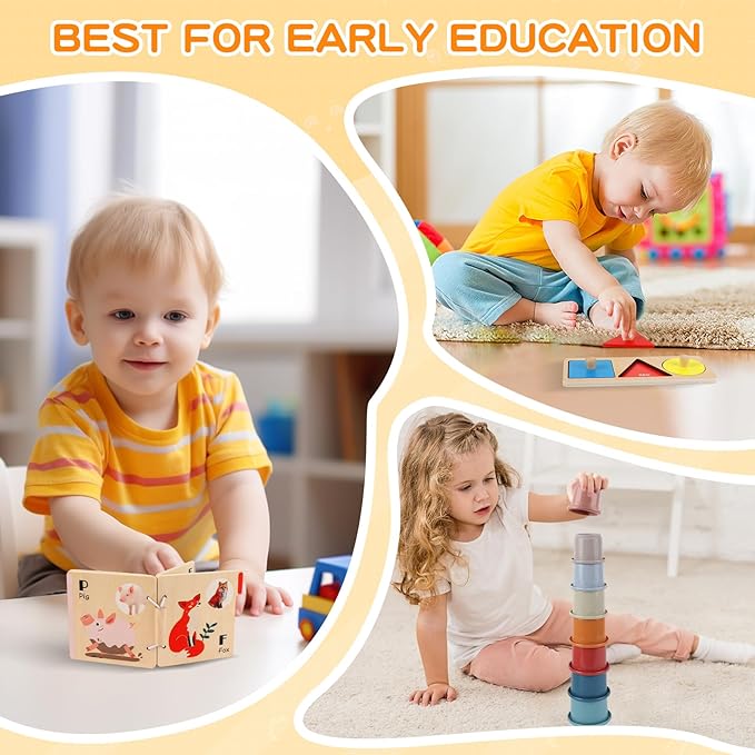 Montessori Toys for Babies 6-12 Months, 7 in 1 Wooden Educational Development Toys Sensory Learning Gift for Toddlers with Object Permanence Box, Emotion Learning Mirror, Tissue Box,Rainmaker and More