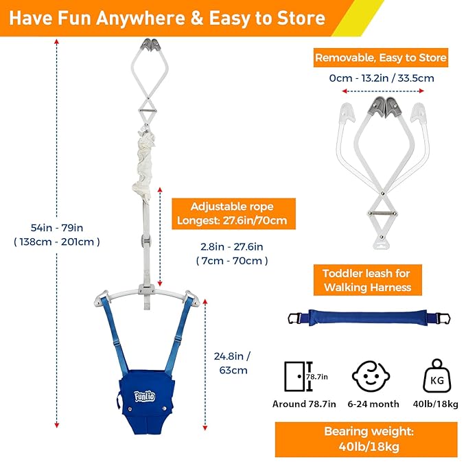 FUNLIO 2 in 1 Baby Door Jumper with Door Clamp, Baby Walking Harness for 6-24 Months, Infant Jumper Doorway with Strong Spring & Adjustable Strap, Easy to Assemble & Store - Blue
