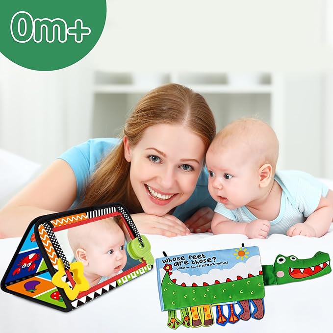 Tummy Time Baby Mirror Toys - Infant Toy Newborn 0 3 Months Brain Development with Soft Activity Book Teether - Black and White High Contrast Baby Toys 2 4 5 0-6 Babies Boy Girl Sensory Shower Gifts