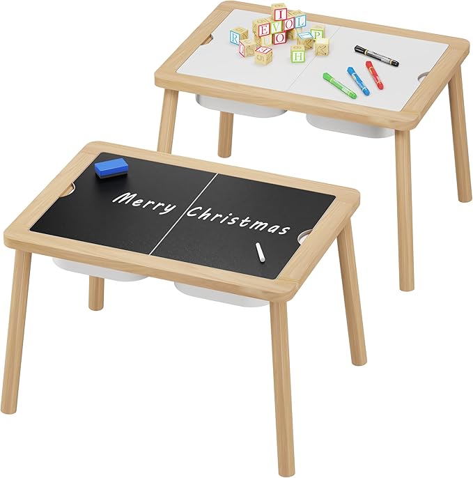 Sensory Table, Kids Activity Table, Wooden Play Table with Bins, Montessori Table, Chalk Board and Whiteboard