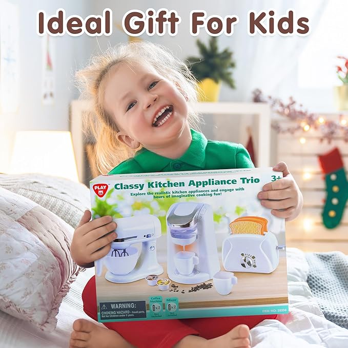 Play Kitchen Appliances Toys, Kids Kitchen Playset Accessories, Pretend Play Toy Sets with Coffee Maker, Mixer, Toaster with Realistic Lights & Sounds, Gifts for Boys Girls Toddlers Ages 3+, White