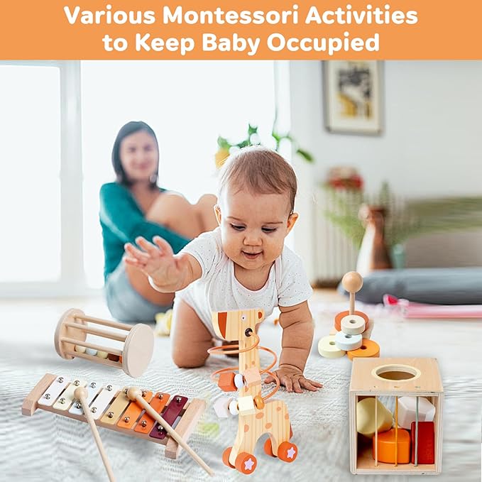 Wooden Montessori Toys Set for Toddlers,Wooden Toy Set for Babies Educational Object Permanence Box,Xylophone(Glockenspiel),Stacking,Rattle Birthday Gift for Boys Girls Ages 1 2 3 4 5