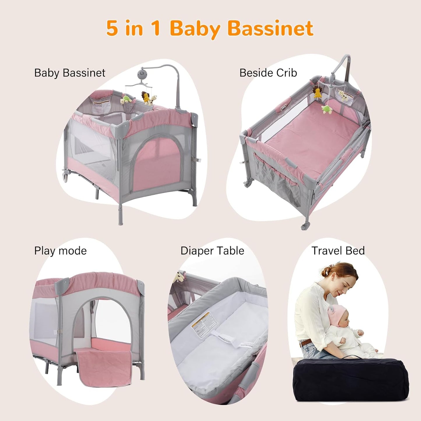 5 in 1 Baby Crib,Bedside Sleeper,Bassinet,Pack and Play with Bassinet and Changing Table,Portable Travel Playpen Music Box,Portable Travel Crib for Infant Newborn (Pink Gray)