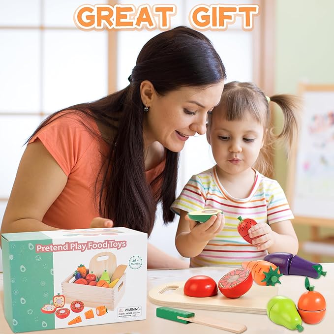Wooden Play Food for Toddlers, Fruit and Veggies Cutting Set for Kids, Pretend Food Play Kitchen Accessories for 3 4 5 6 7 Years Old Boys & Girls