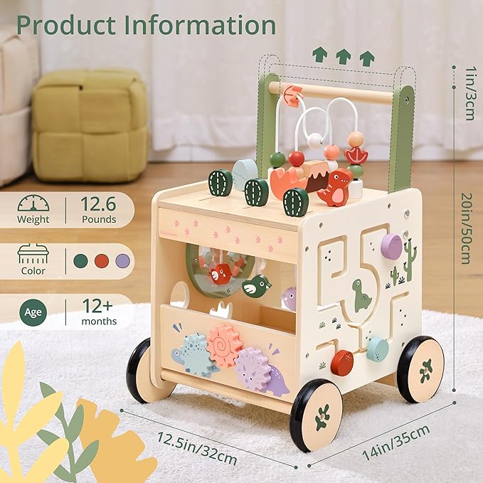 Wooden Baby Push Walker, 6-in-1 Montessori Activity Center for Toddlers, Adjustable Speed Dinosaur Walker with Brake & Shape Sorter, Natural Solid Wood Learning Toy for Boys Girls 12M+