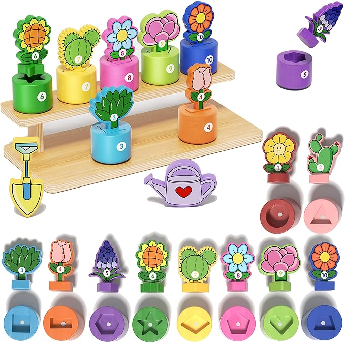 GJZZ Wooden Pretend Play Flower Garden Set with Stand - Montessori Shape and Color Sorting Toys for 2 3 Year Old Girls Boys Birthday Gifts, Number Cognition for Toddler Kids, Fine Motor Skills
