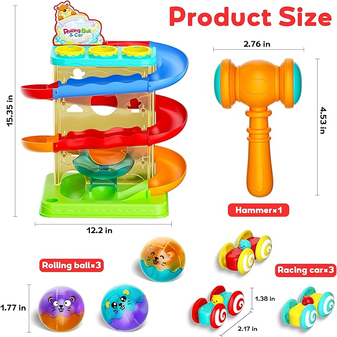 2-in-1 Rolling Ball & Car Ramp Race Track for Toddlers, Hammer Ball Drop Toy for Boys & Girls, Interactive Toys w/Sensor Lights - Montessori STEM Learning Toys - Brithday Gift for Kids 1-5+ Year Old