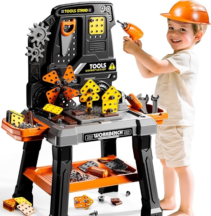 Kids Tool Toy Playset with Electronic Drill Sound for Aged 3 4 5 6 7 8, Workbench Toys for Toddlers 3-5, Pretend Play Tool Box, Construction Mechanic Set, Birthday Gift for Boys Girls Ages 3-8