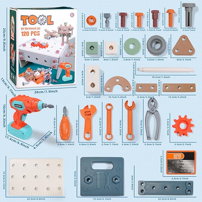 Kids Tool Set with Drill,120Pcs Toddler Tool Set with ToolBench,Montessori Toy for 2+Year Old,Educational STEM Construction Toys for Ages 2-4,Pretend Play Toddler Toys 3-5 Year Old Birthday Gift