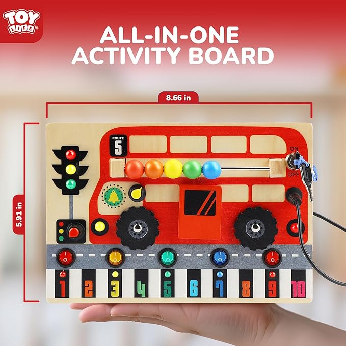 TOY Life Montessori Busy Board, Wooden Bus Sensory Board Toys for Toddlers with LED Light Up Switchs, Baby Fidget Boards Travel Toys, Christmas Birthday Gifts for 1+ Year Old Girls Boys