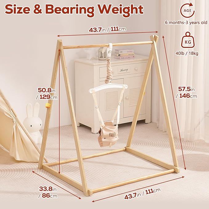 FUNLIO Montessori Wooden Baby Jumper with Stand for 6-36 Months, Adjustable Baby Bouncer for Indoor/Outdoor Play, Foldable Toddler Jumper for Baby Girl/Boy, Easy to Assemble & Store