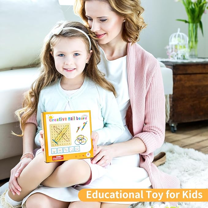 HEELWIRE Wooden Geoboard, Montessori Educational Toy for Kids with Pattern Cards and Rubber Bands to Figures and Shapes, Brain Teaser STEM Geo Board