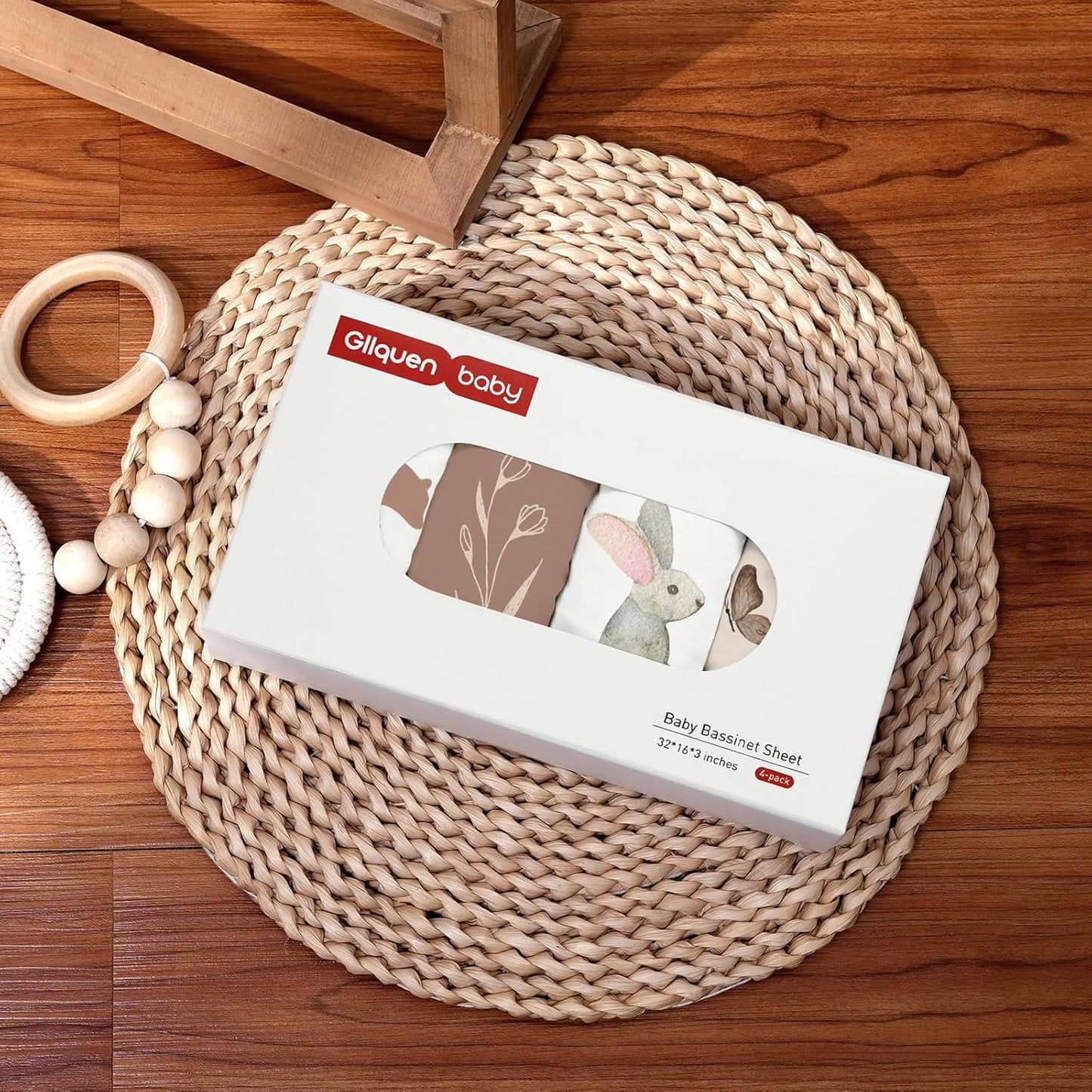 Gllquen Baby Bassinet Sheets 4 Pack, Breathable Cozy Fitted Mattress Sheet, Elastic Travel Crib Fashionable Floral Pattern, Standard Cradle Safe Sheets for Baby Boys Girls 32"x16" (Bear)