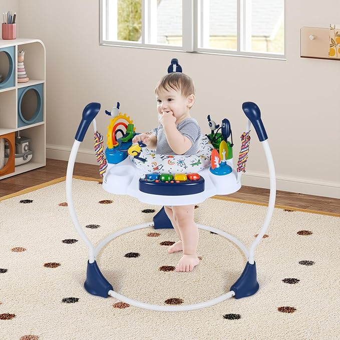 BABY JOY Baby Activity Center, Baby Jumpers and Bouncers with Music, Lights, 360° Rotating Seat, 3 Adjustable Heights, Montessori-Inspired Activity Center for Baby 6 Months + (Blue)
