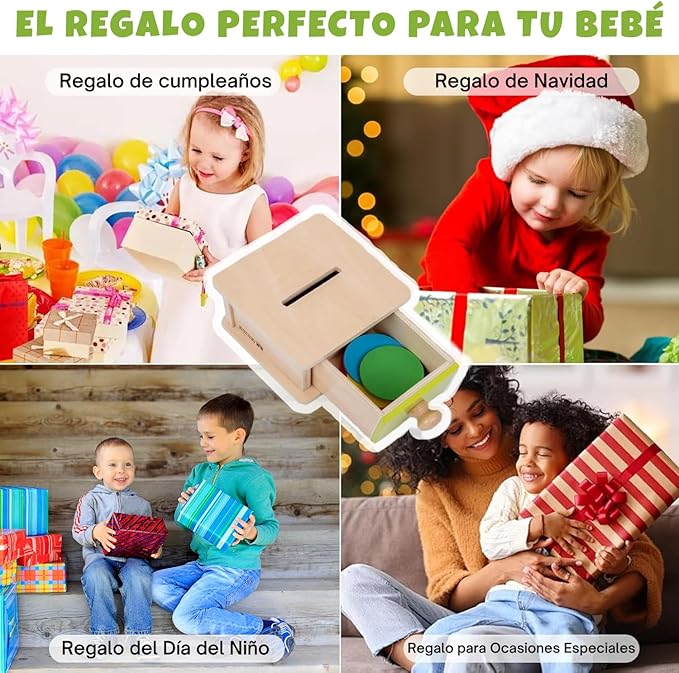 Adena Montessori Coin Box,Object Permanence Box Toys for 1 Year Old Baby Coins,Wooden Montessori Ball Drop Toys Developmental Toys for 6-12 Month Infant Toys,Learning Kids Gifts(Yellow-Green Door)