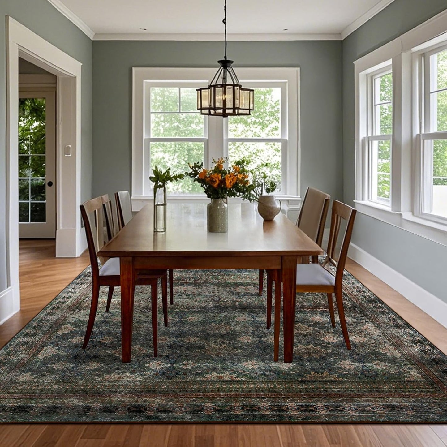 4x6 Area Rug for Bedroom Machine Washable, Non Slip Vintage Floral Kitchen Rugs for Dining Room, Rustic Indoor Floor Carpet for Kids Room, Playroom, Farmhouse(Dark Green/Brown/Multi)