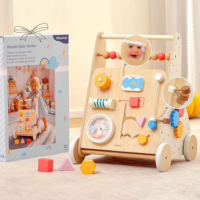 Wooden Baby Walker, Baby Push Walker, Montessori Activity Center Push Toy, Ajustable Speed Baby Walker with Wheels for Toddlers Learning to Walk 12m+