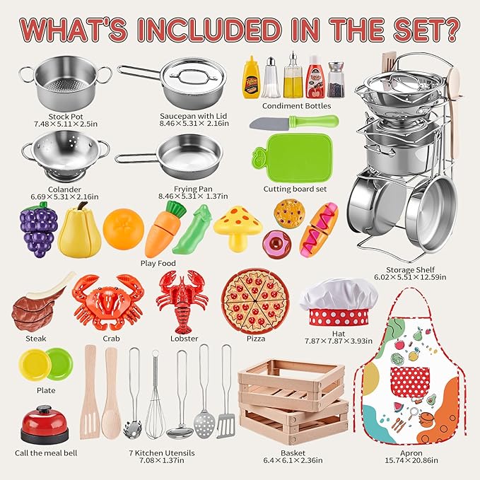 Play Kitchen Accessories, Large Stainless Steel Toddler Cooking Set, Kids Kitchen Playset with Cutting Play Food, Condiments, Chef Apron & Hat, Service Bell, Toy Food with 2 Baskets, Boys Girls Gifts.