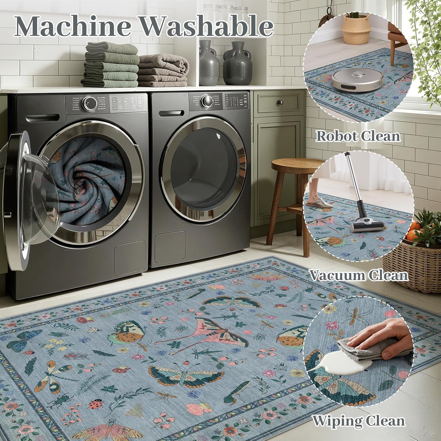 3x5 Washabl Rug with Insect Print - Bug Rug Non-Shedding Stain Resistant Soft Small Carpet for Bedroom, Low Pile Ultra-Thin Machine Washable Carpet for Nursery,Entrance, Office (3'x5' Blue)