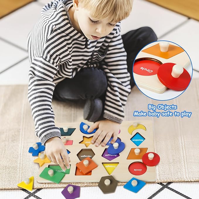 Wooden Shape Peg Puzzles for Toddlers 3 4 5 Year Old, Toddler Learning Toys Shape Sorter Color Match Montessori Toys Educational Puzzles for Toddlers 3-5 Easter Birthday for Girls Boys