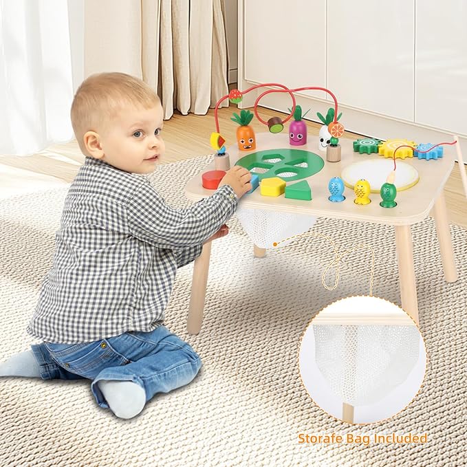 Activity Table for 1+ Year Old, 7 in 1 Wooden Montessori Activity Center Play Table with Drum, Bead Maze Shape Sorter Fishing Game, Kids Sensory Educational Toddler Learning Toys 1st Birthday Gifts