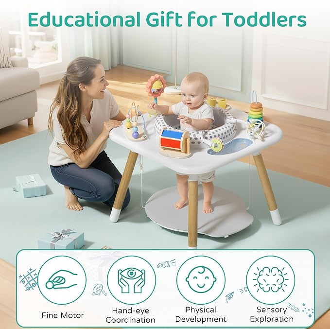 Kizfarm Baby Activity Center, Montessori-Inspired Baby Bouncer with 7 Interactive Toys, 360° Rotating Seat, Wooden Jumper, Play Gym & Toddler Table for Ages 6-36M, Must-Have Shower Gifts
