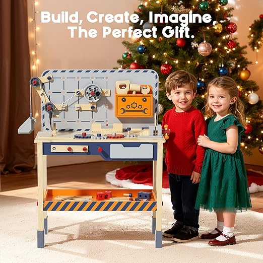 BIERUM Kids Tool Bench - Wooden Toddler Tool Bench with Electric Drill, Kids Workbench Playset with Realistic Tools, Tool Bench for Kids Ages 1-3 3-5, Pretend Play Construction Toy Gift for Toddler
