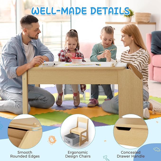 5-in-1 Kids Art Table and Chairs, Toddler Table and Chair Set, Craft Play Desk for Kids, Convertible Art Easel with Paper Roll Holder & Storage Drawers, Children Activity Learning Center - Nature Wood