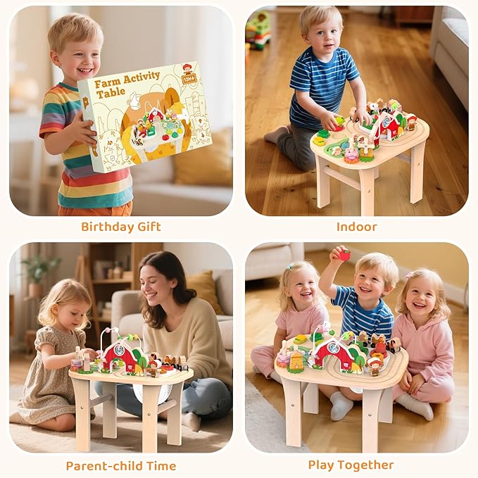 Activity Table for 1 Year Old, Baby Wooden Sensory Table with Bead Maze Shape Sorter Train Track for Toddler, Farm Montessori Toy Activity Center Educational Learning Toys for Kids 12+ Months