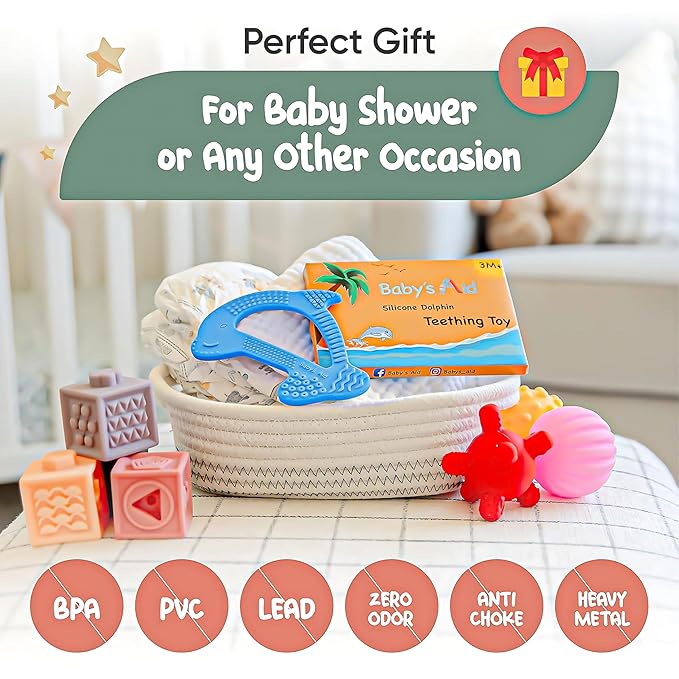 Silicone Baby Teether - Dolphin | 8 Teething Relief Textures, 100% Food-Grade, Easy to Hold & BPA Free Silicone Teethers for Babies, Baby Teething Toys, Soft Chew Toy for Babies Ages 3M+ - Baby’s Aid