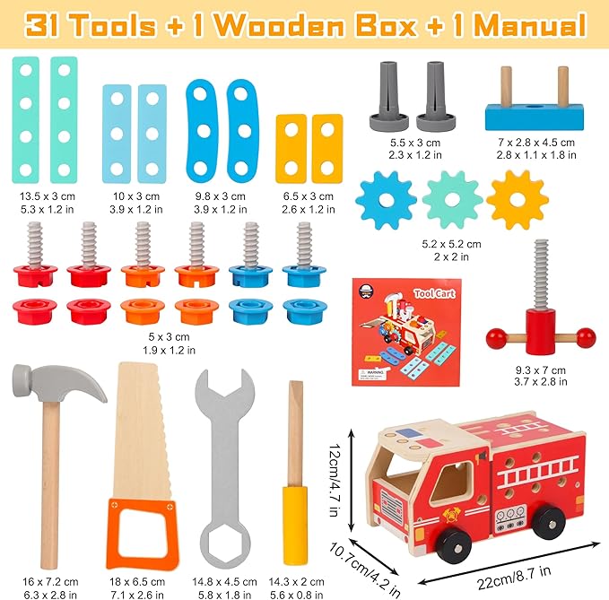 Toddler Tool Kit - 33 PCS Montessori Toddlers Tool Box, Kids Pretend Play Tools Set Age 2-4, STEM Educational Toys for Age 3, Wooden Construction Toy, Boys Birthday Gift 2,3,4,5 Year Old (Fire Engine)