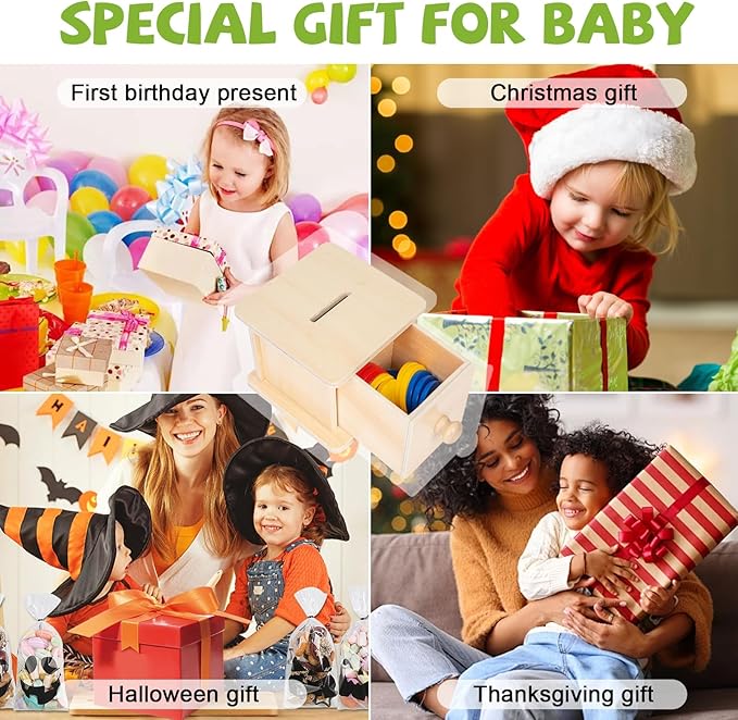 Adena Montessori Coin Box,Object Permanence Box Toys for 1 Year Old Baby Coins,Wooden Montessori Ball Drop Developmental Toys for 6-12 Month Infant,Learning Kids Gifts(Typical Drawer Comes Out)