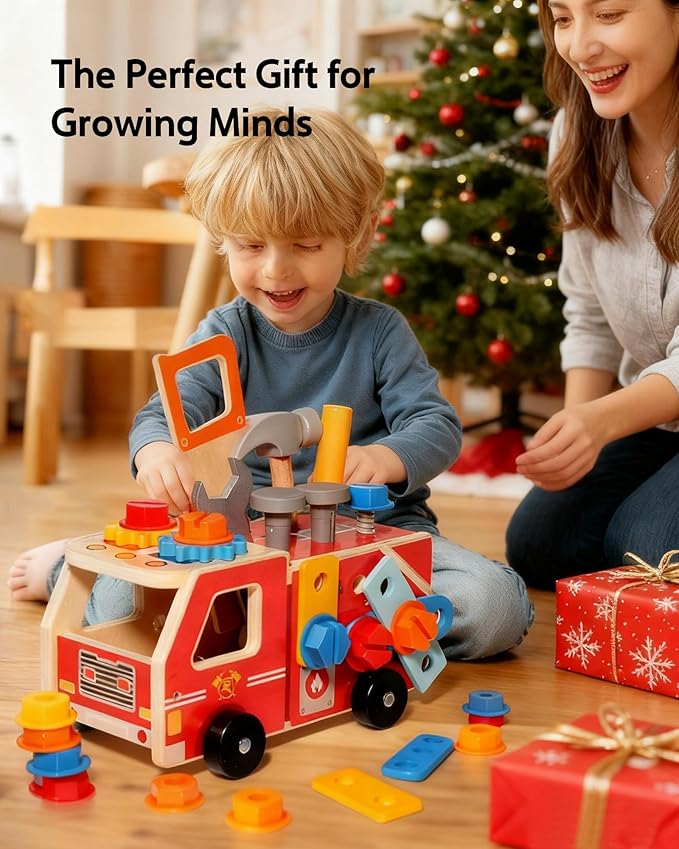 33-Piece Wooden Tool Set for Toddlers, Fire Truck Toolbox & Workbench Montessori Toys for 3-6 Year Olds, STEM Educational Pretend Play Tools, Construction Learning Gift for Boys Girls