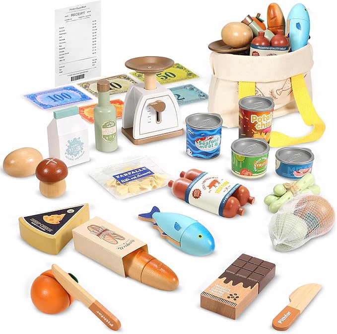 Wooden Play Food Set for Kids Toddlers, Grocery Store Pretend Play Food, Pretend Grocery Shopping & Play Kitchen Accessories for Boys Girls