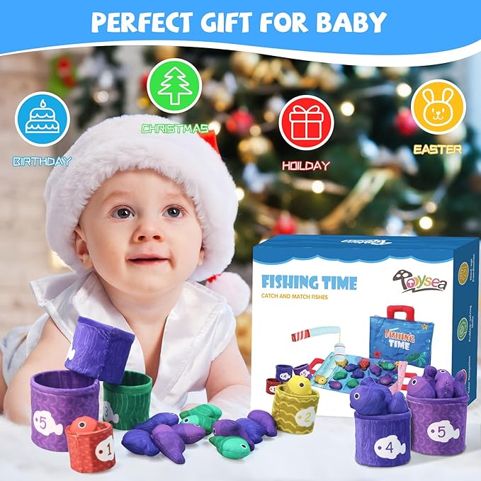 Montessori Toys for 1 Year Old - Cloth Fishing Game with Stacking Cups, Color Sorting & Number Learning Toys for Toddlers 1-3, 1 Year Old Boys & Girls Gifts