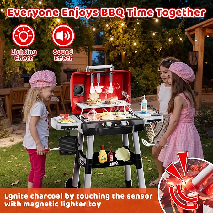 Kids Play Kitchen Toys, Kids BBQ Grill Playset,2-Tier Barbecue Toy with Wheels, Smoke Sound Light, Outdoor Play Food Toys Cooking Set, Birthday Gift for Toddlers 3-5
