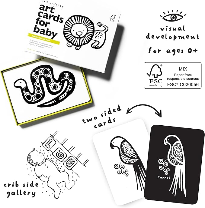 Wee Gallery Art Cards for Baby, Durable High Contrast Black and White Animal Flashcards for Newborns, Brain Development, Sensory Toys, Tummy Time Essentials for Infant and Toddler - Jungle Animals