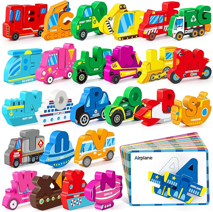 Vanmor Wooden Vehicle Alphabet Puzzle for Toddlers, Traffic ABC Letter Sight Words Matching Game with 52 Blocks and Flash Cards, Montessori Spelling Game Learning Toys, Stocking Stuffer for Kids 3-5