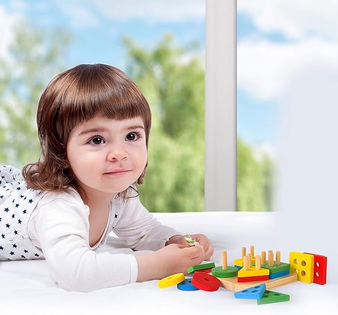 Boxiki kids Montessori Puzzles for 1 2 3 Year Old Boys, Girls & Toddlers - Wooden Shape Sorter & Stacking Toy, Enhances Brain Activity, Helps Color Recognition, & Activates Motor Skills.