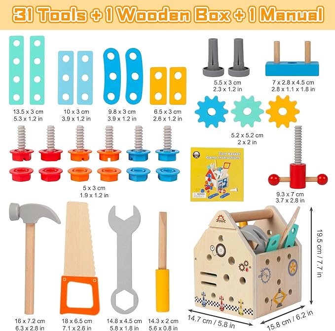 Toddler Tool Kit - 33 PCS Montessori Toddlers Tool Box, Kids Pretend Play Tool Set Age 2-4, STEM Educational Toys for Age 3, Wooden Construction Toys, Boys Birthday Gift 2,3,4,5 Year Old (House)