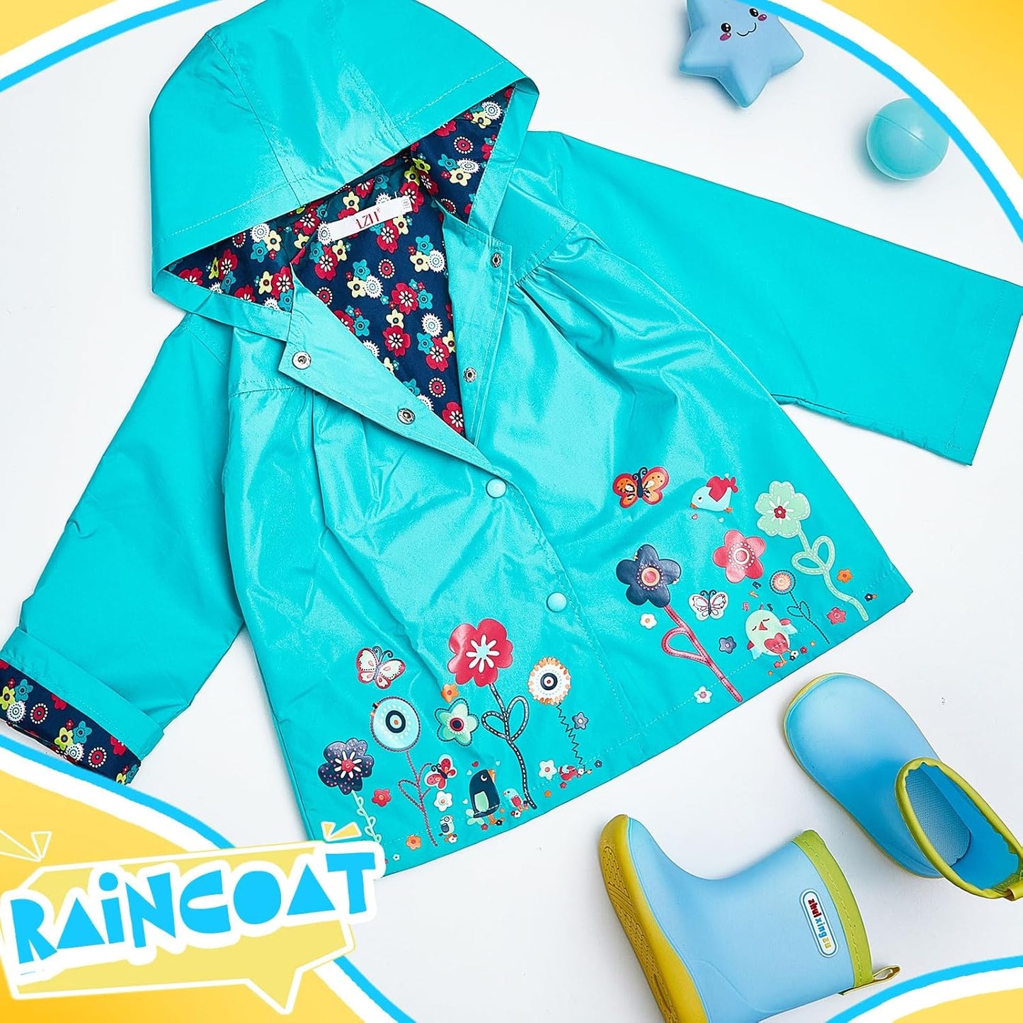 2 Pcs Toddler Raincoat Rain Boots Set Kids Baby Cartoon Hoodie Zipper Jacket Short Rain Shoes for Little Boys Girls