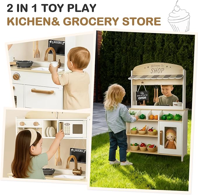Dual-Sided Play Kitchen for Kids Toddlers, 2-in-1 Grocery Store&Wooden Toy Kitchen Set with Coffee Machine,Pretend Kitchen Play Set with Microwave, Oven, Gift for Boys Girls